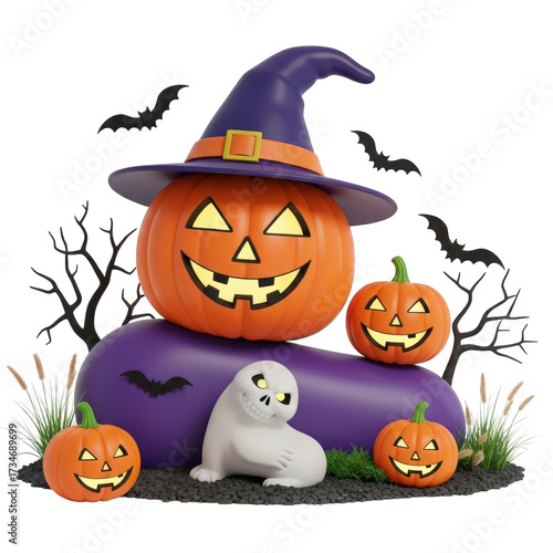 Whimsical Halloween Arrangement with Stacked Pumpkins, Ghost, Bats, and Bare Branches on a Transparent Backdrop, Perfect for Festive and Creative Designs