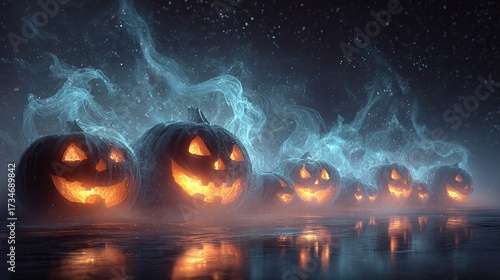   A cluster of engraved gourds perched atop a serene pond, framed by the celestial panorama