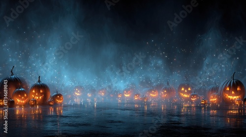   A cluster of pumpkins resting in a serene lake, surrounded by a vast sky filled with celestial lights