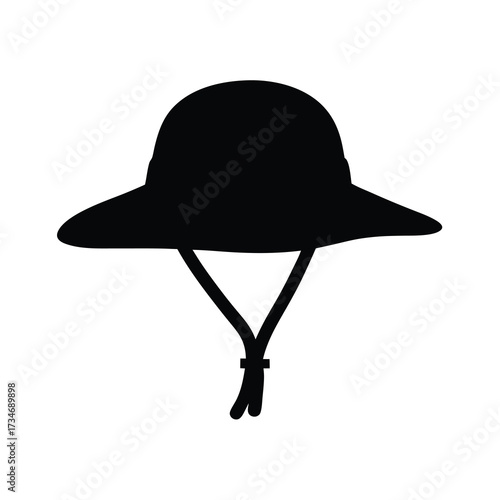 Black silhouette of a wide brim hat with chin strap on white