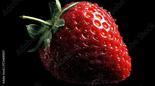   A close-up photo of a juicy strawberry with droplets of water on its red surface, set against a dark background