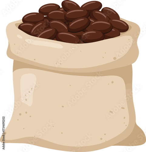 A rustic burlap sack overflowing with delicious dark coffee beans ready for brewing or roasting flat design vector illustration white background