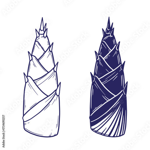 Artistic line drawings of two bamboo shoots in monochrome for culinary and design usage