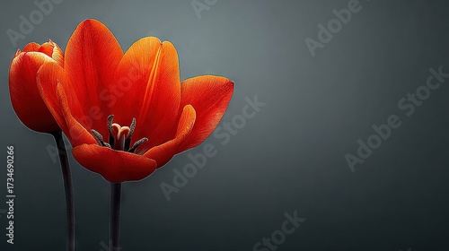   A close-up of two orange flowers against a black and white background, with a black background and a gray background