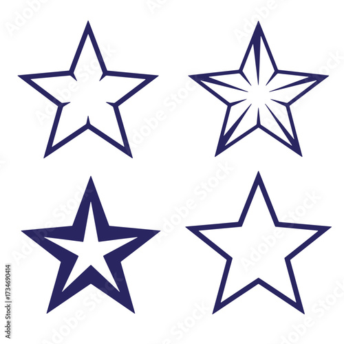Collection of four different navy blue star outline designs isolated on white background