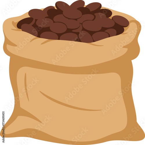 Brown burlap sack overflowing with roasted coffee beans freshly harvested and ready for brewing flat design vector illustration white background