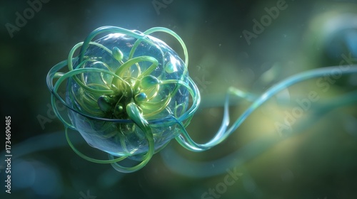   A picture of a flower made by a computer, with a green core and blue and green spirals surrounding it against a black backdrop