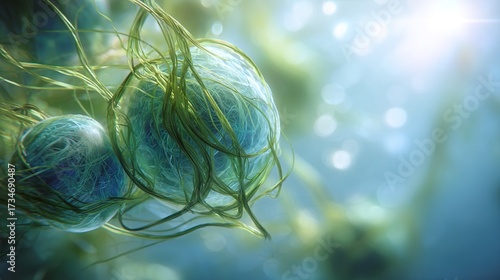   A close-up of a plant with two balls of yarn dangling from its stems, against a hazy backdrop