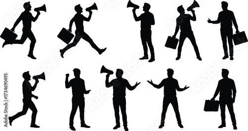 Megaphone silhouettes, business professionals, public speaking, announcement concept, communication activity, protest expression, leadership message, illustration set