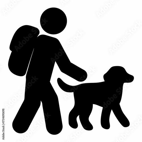 Monochrome image depicts person with backpack walking their dog icon style