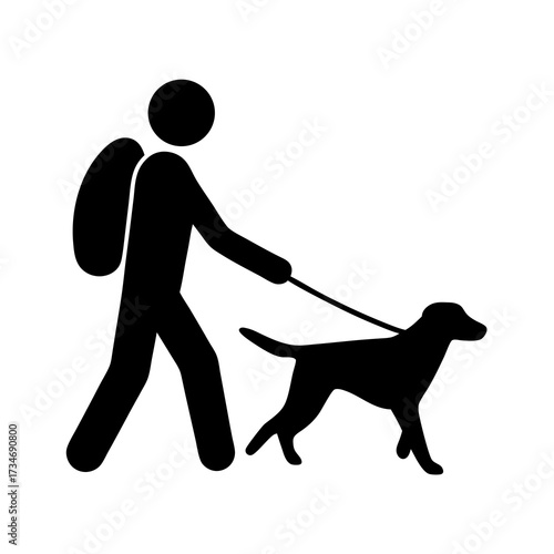 Icon depicting a person walking a dog with a backpack in black and white