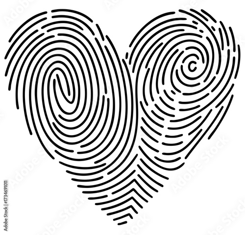 Fingerprint heart with fragmented delicate lines, symbol of shared history, individuality and love, metaphor for two lives leaving unique marks in one union