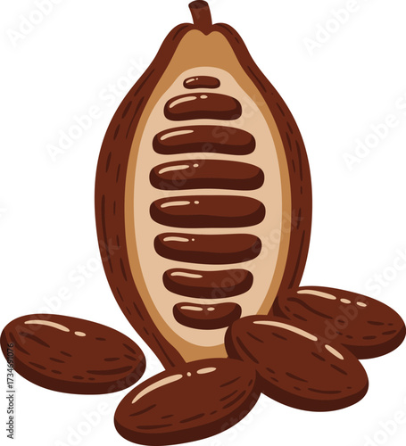 Delicious cacao pod seed and beans freshly harvested for chocolate making ingredient food flat design vector illustration white background