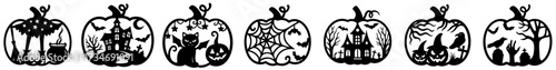 Set of Halloween carved pumpkin silhouettes with haunted house, witch, bats, spider web, black cat and graveyard, spooky decorative collection for creepy holiday night