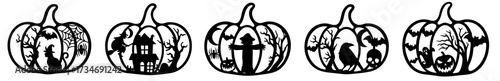 Halloween pumpkin silhouettes set with haunted house, witch, crow, scarecrow, bats, spider and spooky graveyard elements