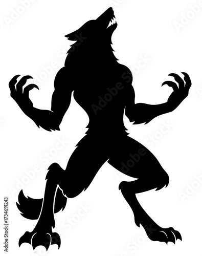 Werewolf silhouette howling with arms spread, muscular humanoid wolf with sharp claws and beastly posture, fantasy creature for horror and mythology