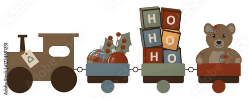 Sustainable Christmas Train with Upcycled Toys. Eco-friendly Christmas train with patched teddy bear and sustainability tag isolated on transparent background. Green christmas. Vector illustration