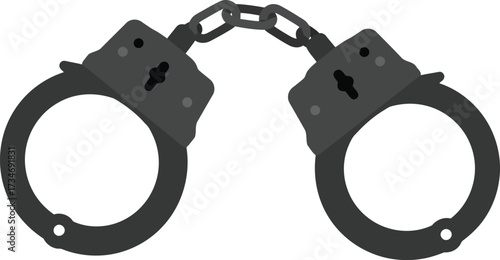 Close up of classic black metal handcuffs with connecting chain depicted on a plain background flat design vector illustration white background