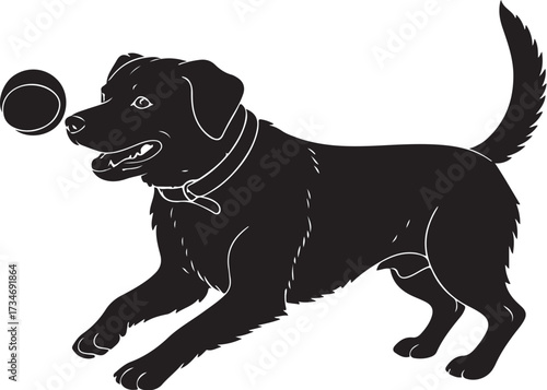 black vector of dog playing with ball in silhouette