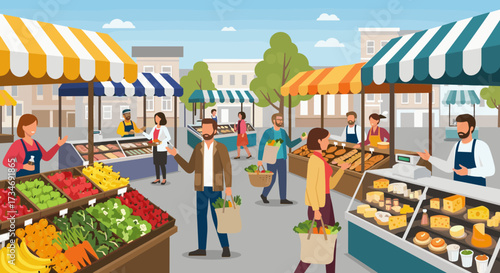 Outdoor farmers market scene with people and stalls