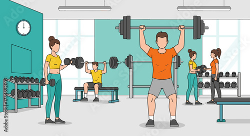 People working out in a gym with weights and dumbbells