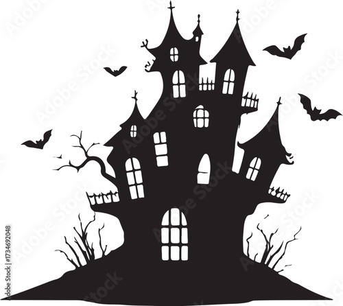 black vector of haunted house with bats in silhouette