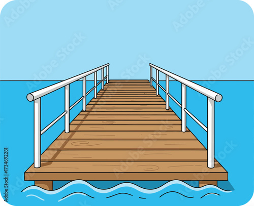 Wooden boardwalk pier extending into calm blue water with white railings and sunny sky flat design vector illustration white background