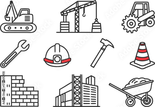 A black silhouette vector icon set illustrates various industrial and urban building designs, including a factory, power tower, and city architecture symbolsA black silhouette vector icon set illustra