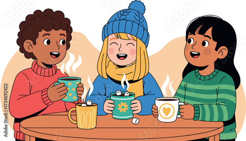 Three children drinking hot beverages at a table