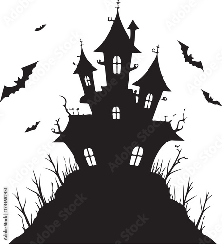 black vector of haunted house with bats in silhouette