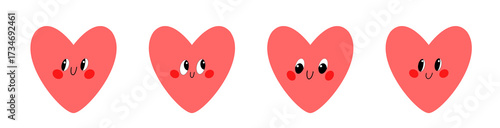 Cute cartoon hearts with smiling faces vector illustration. Adorable character design with rosy cheeks for Valentine’s Day, stickers, greeting cards, and love-themed projects.