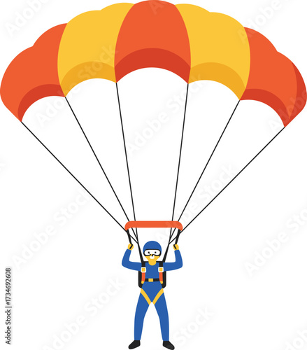 Cartoon skydiver descending under colorful parachute ready for safe landing adventure sport flat design vector illustration white background
