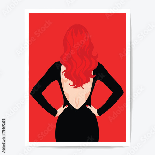 Vector illustration of vector art of elegant woman in black dress with red hair on red background isolated