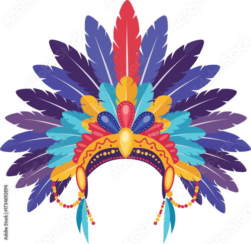 Vibrant feather headdress native american inspired festive tribal war bonnet celebration accessory flat design vector illustration white background