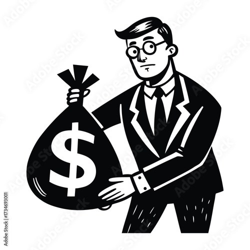 Businessman holding a bag of dollars symbolizing wealth success and financial gain