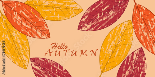 Hello Autumn Banner. Autumn leaf brushstrokes with hand lettering for a creative fall graphic design. Eps10