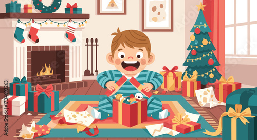 Cartoon boy opening christmas presents in decorated living room