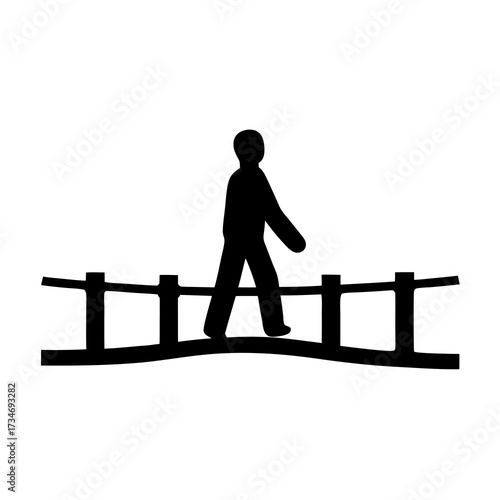 Silhouette illustration of a pedestrian crossing a small bridge structure