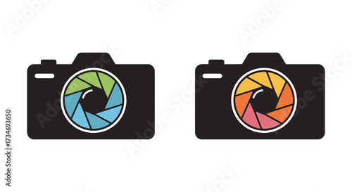 Two black camera icons with colorful aperture designs are shown