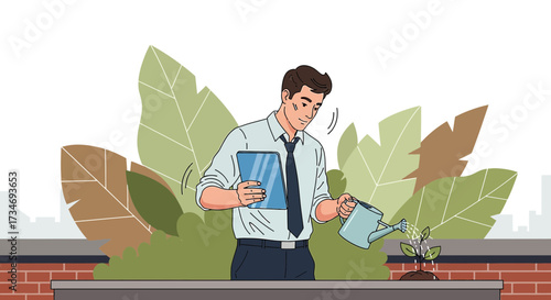 A businessman tending to a plant on a rooftop garden using a digital tablet as guide