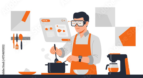 A man cooking with augmented reality glasses and digital recipe interface in the kitchen
