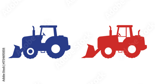 Two silhouetted tractors one blue and one red facing opposite directions