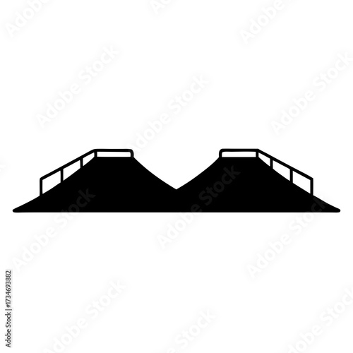 Isolated black and white illustration of two ramps for skateboarding or biking