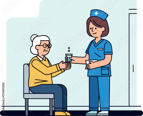 Nurse offering water to elderly woman sitting on chair