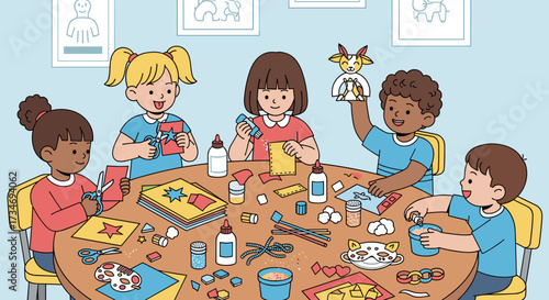 Group of children engaged in arts and crafts around a table