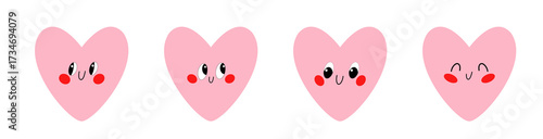 Cartoon-style hearts with happy faces and rosy cheeks. Cute vector symbols for Valentine’s Day, greeting cards, stickers, and children’s decor.