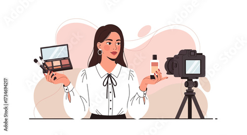 Beauty influencer creating video content showcasing makeup products and skincare routine tutorial