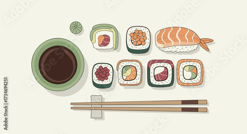Sushi assortment with soy sauce and chopsticks