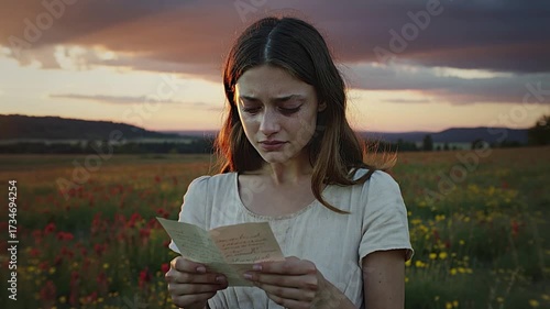 A girl cries while reading a letter in a field