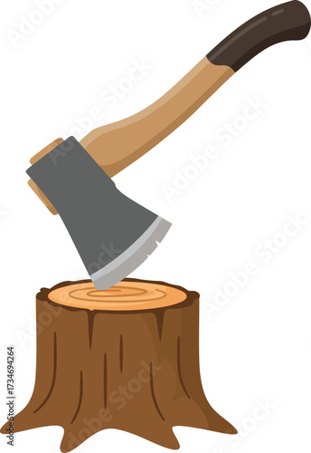 Cartoon axe chopping wooden stump represents logging lumberjack work forest service flat design vector illustration white background